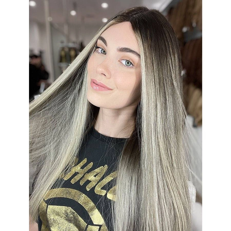 26" Ponytail Silk Top Wig Ash Blonde w/ Reverse Balayage
