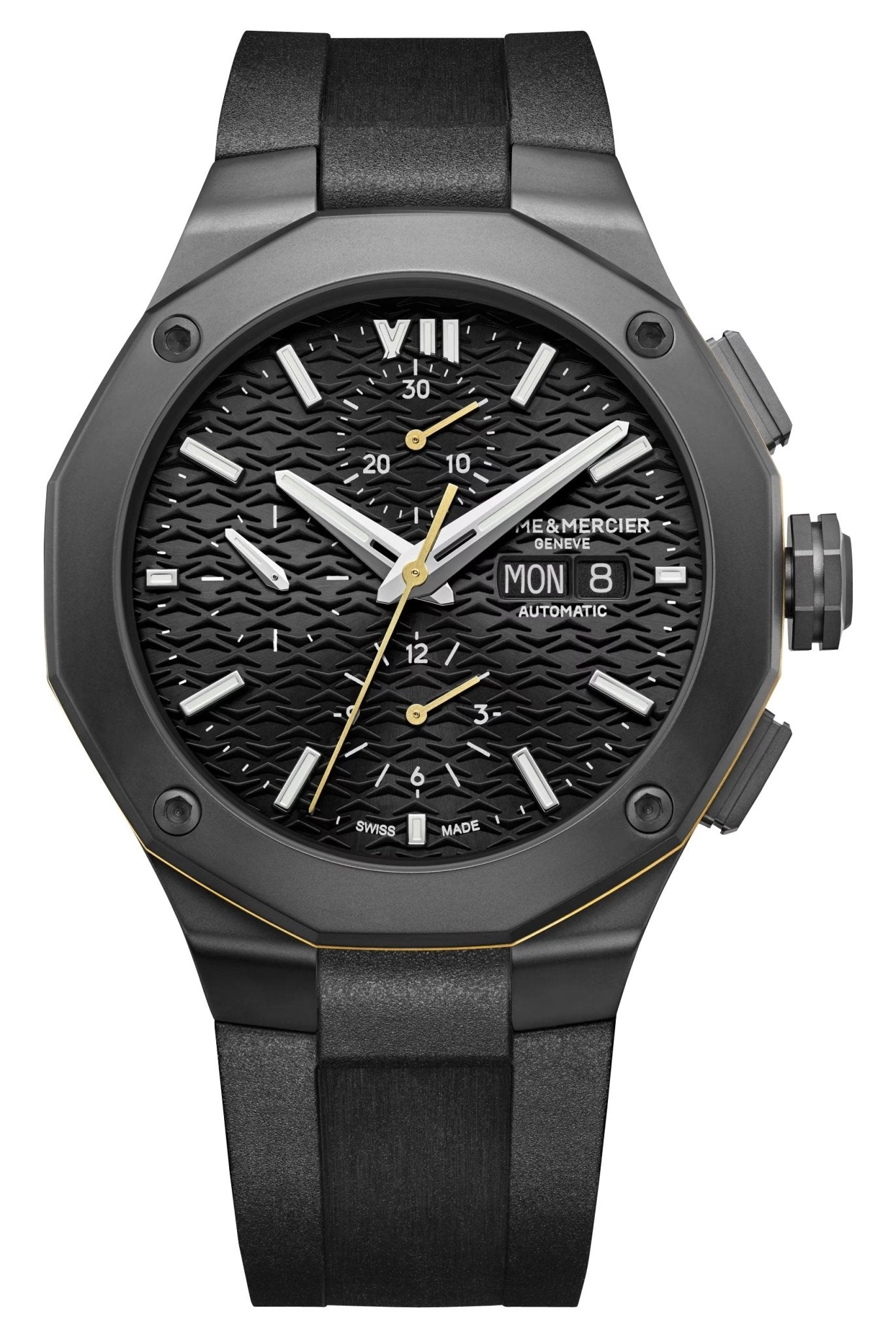 Baume & Mercier Riviera Automatic Chronograph Black ADLC Black Dial Black Rubber Strap Day/Date Mens Watch M0A10625