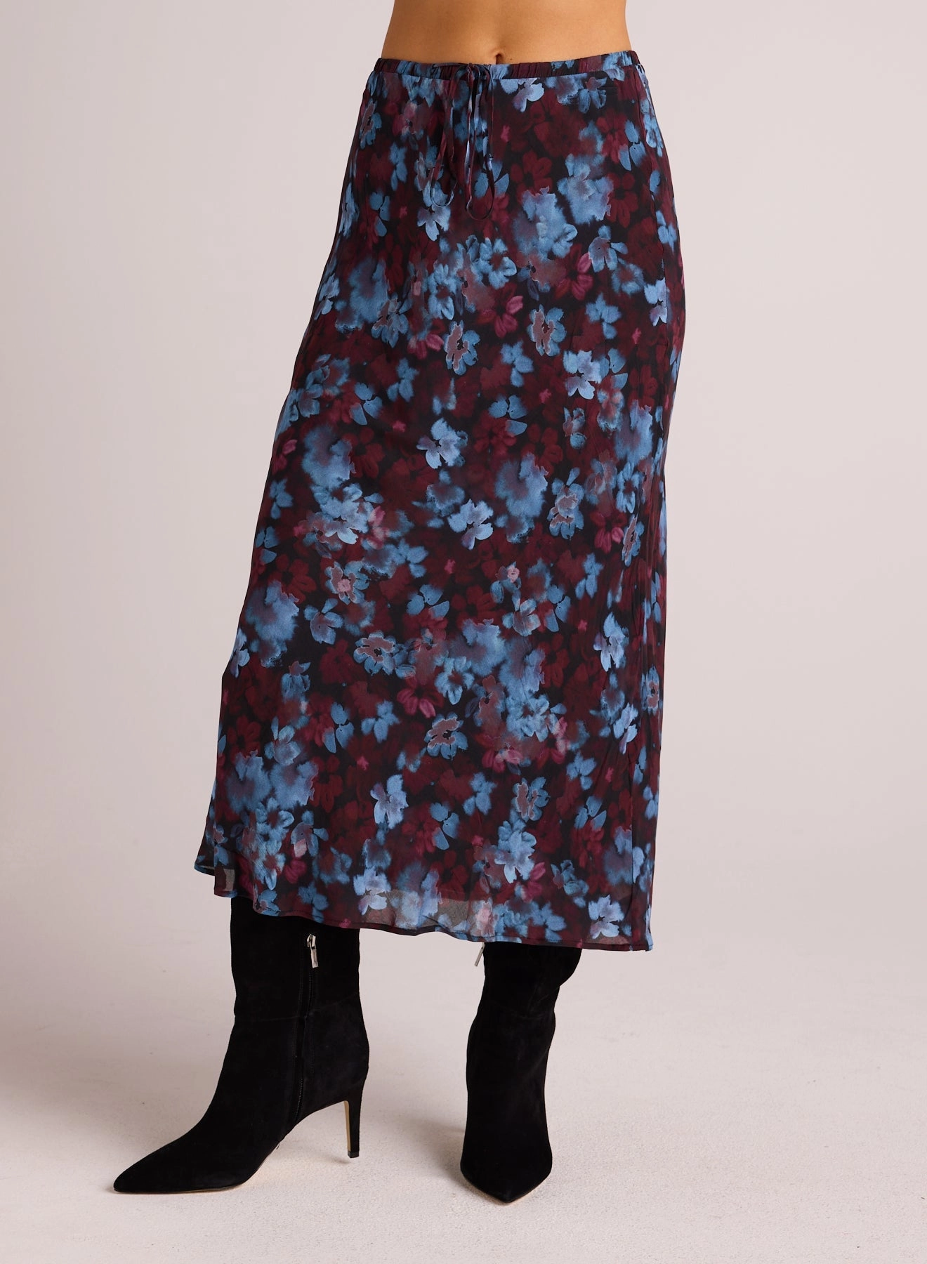Bias Midi Skirt with Tie - Berry Bloom Print