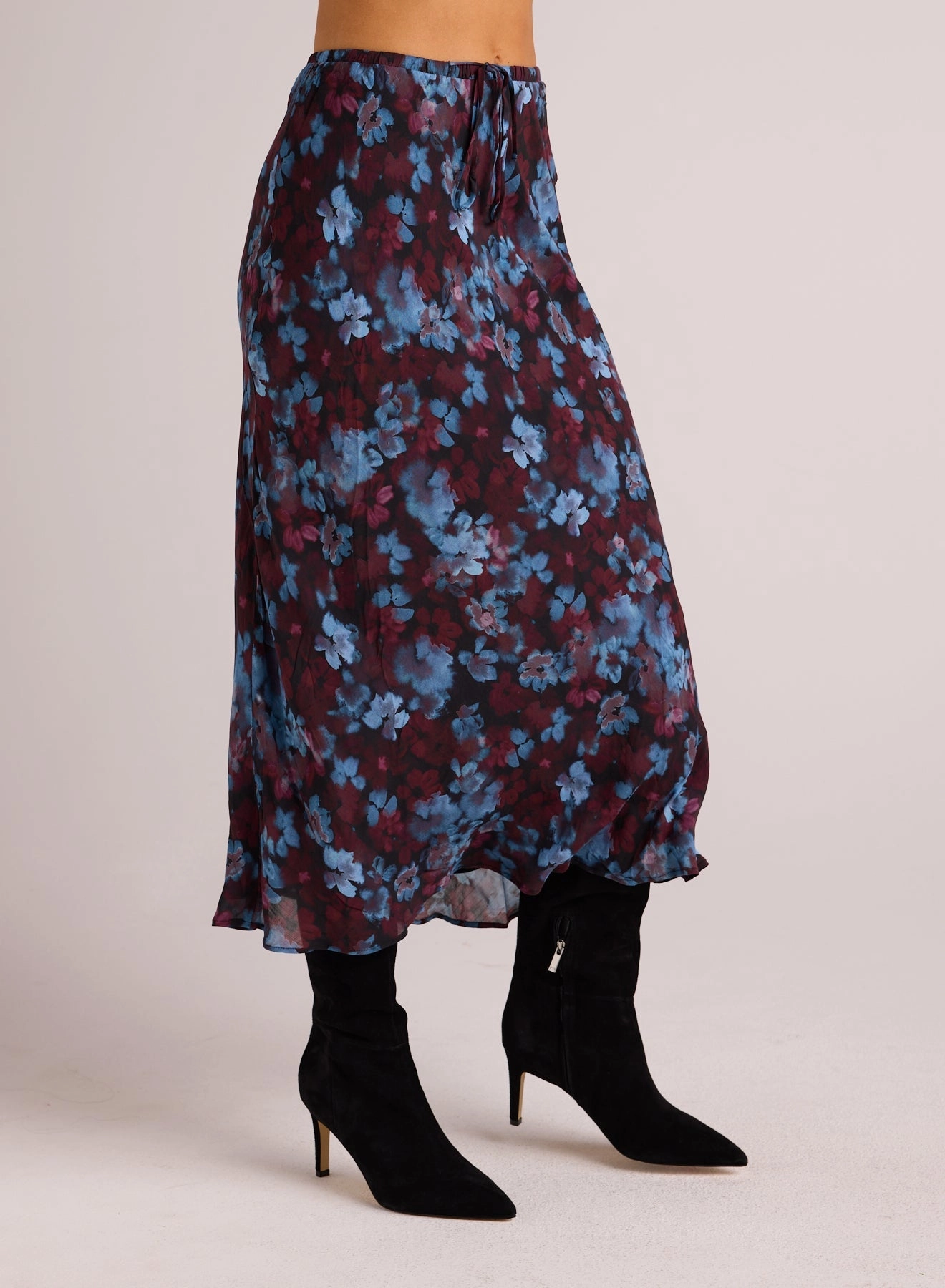 Bias Midi Skirt with Tie - Berry Bloom Print