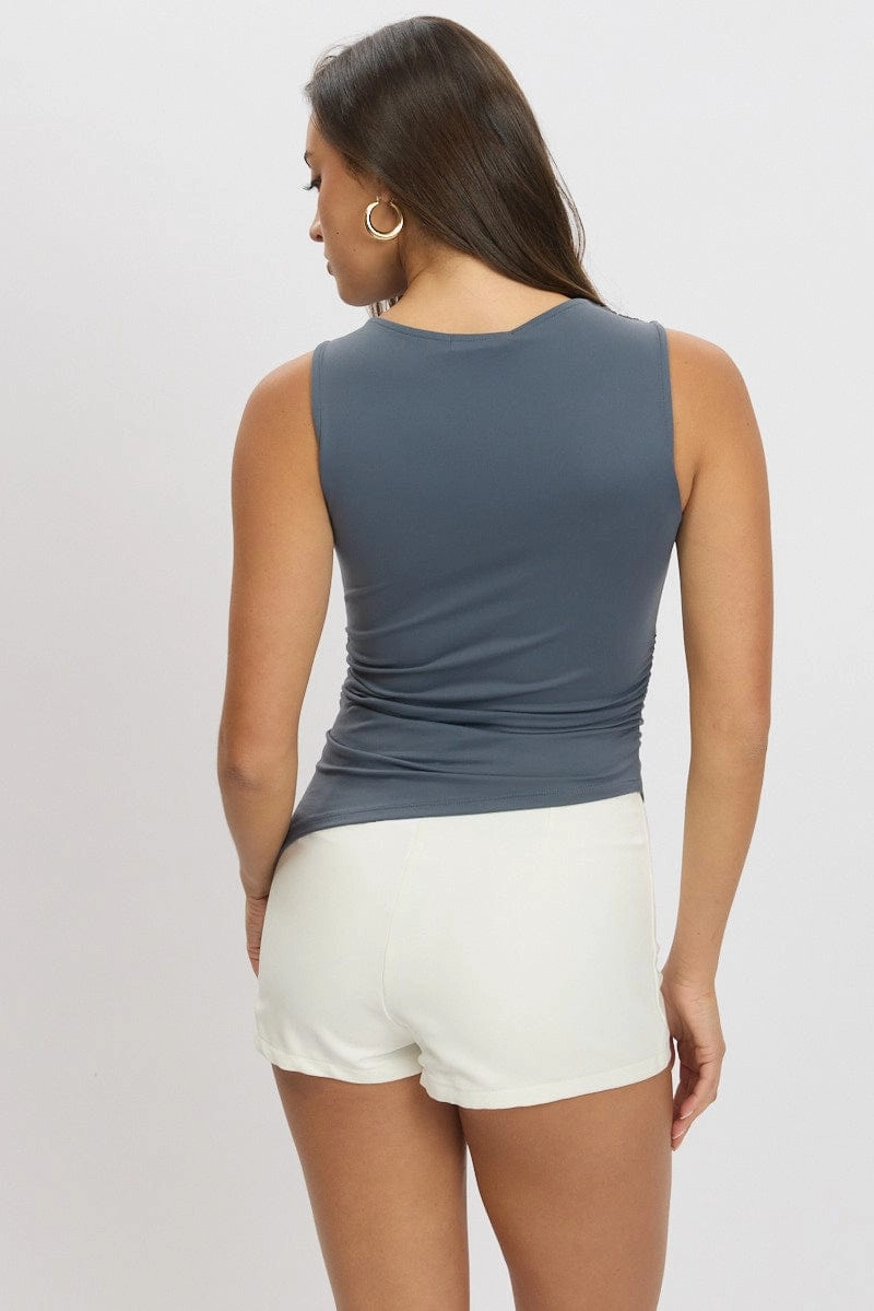 Blue Sleeveless Top Asymmetric Hem