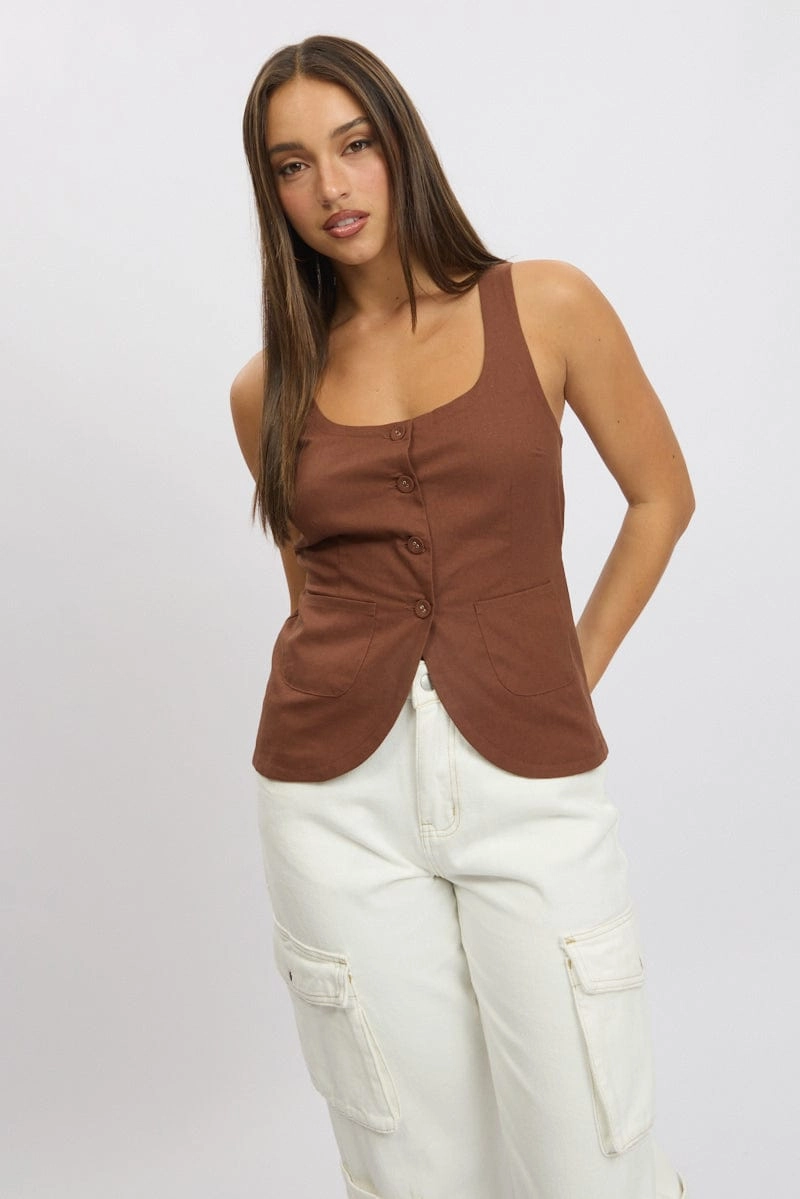 Brown Linen Vest Tailored