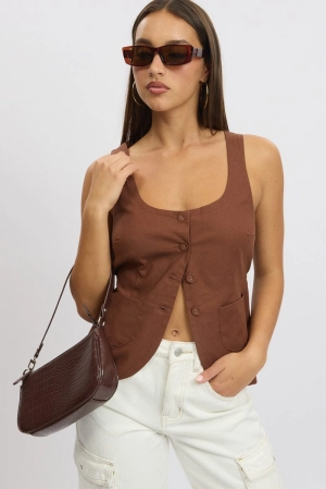 Brown Linen Vest Tailored