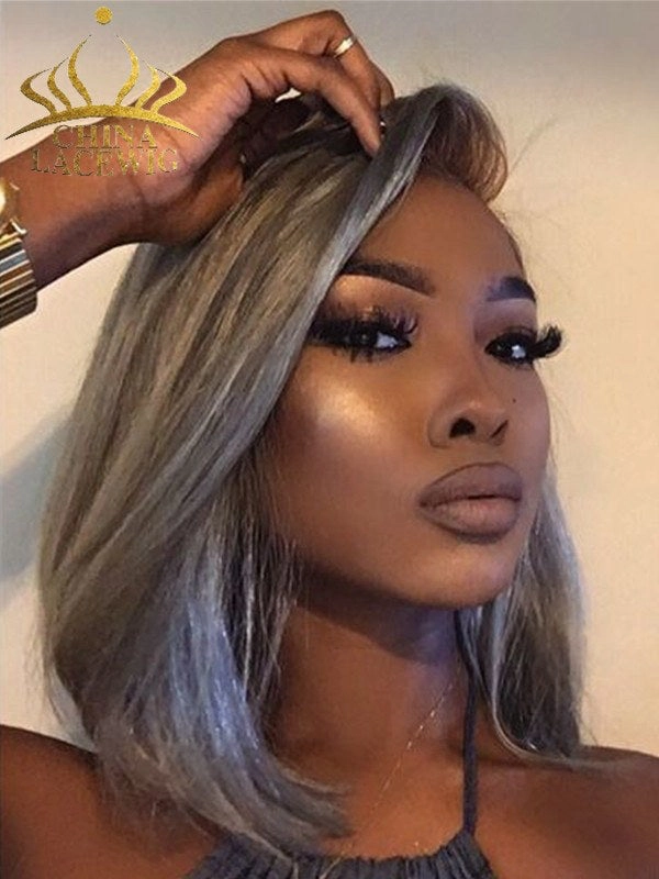 Chinalacewig 13x4 Lace Front Wigs Straight Gray Bob Wig Brazilian Human Hair CF440