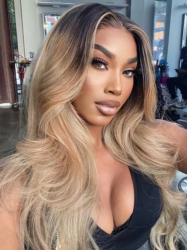 Chinalacewig Royal Film HD Invisible Lace Ombre Blonde Color With Black Root 360 HD Wigs CF92