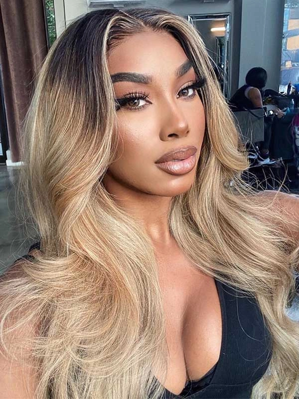 Chinalacewig Royal Film HD Invisible Lace Ombre Blonde Color With Black Root 360 HD Wigs CF92