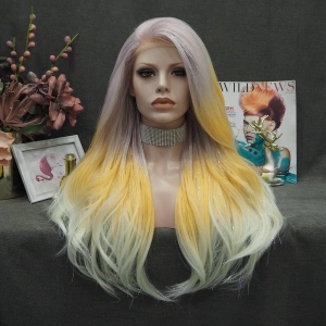 Demi - Light Pink to Blonde Cyan Ombre with Tinsel  Long Straight Synthetic Lace Front Wig