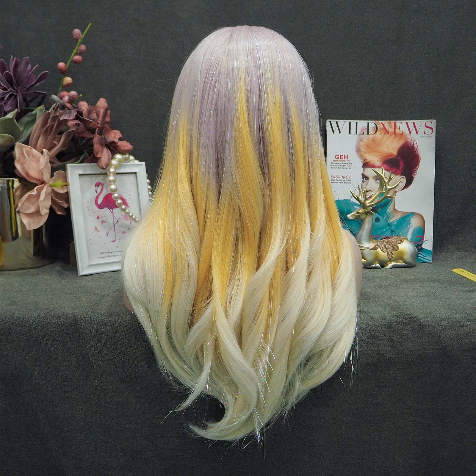 Demi - Light Pink to Blonde Cyan Ombre with Tinsel  Long Straight Synthetic Lace Front Wig