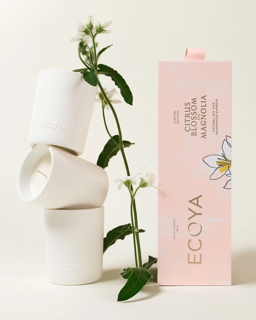 ECOYA Limited Edition Citrus Blossom & Magnolia Mini Ceramic Candle Trio Set New
