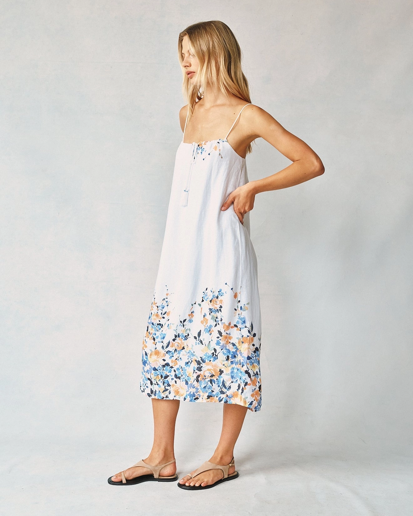 Flowy Cami Midi Dress - Floral Border Print