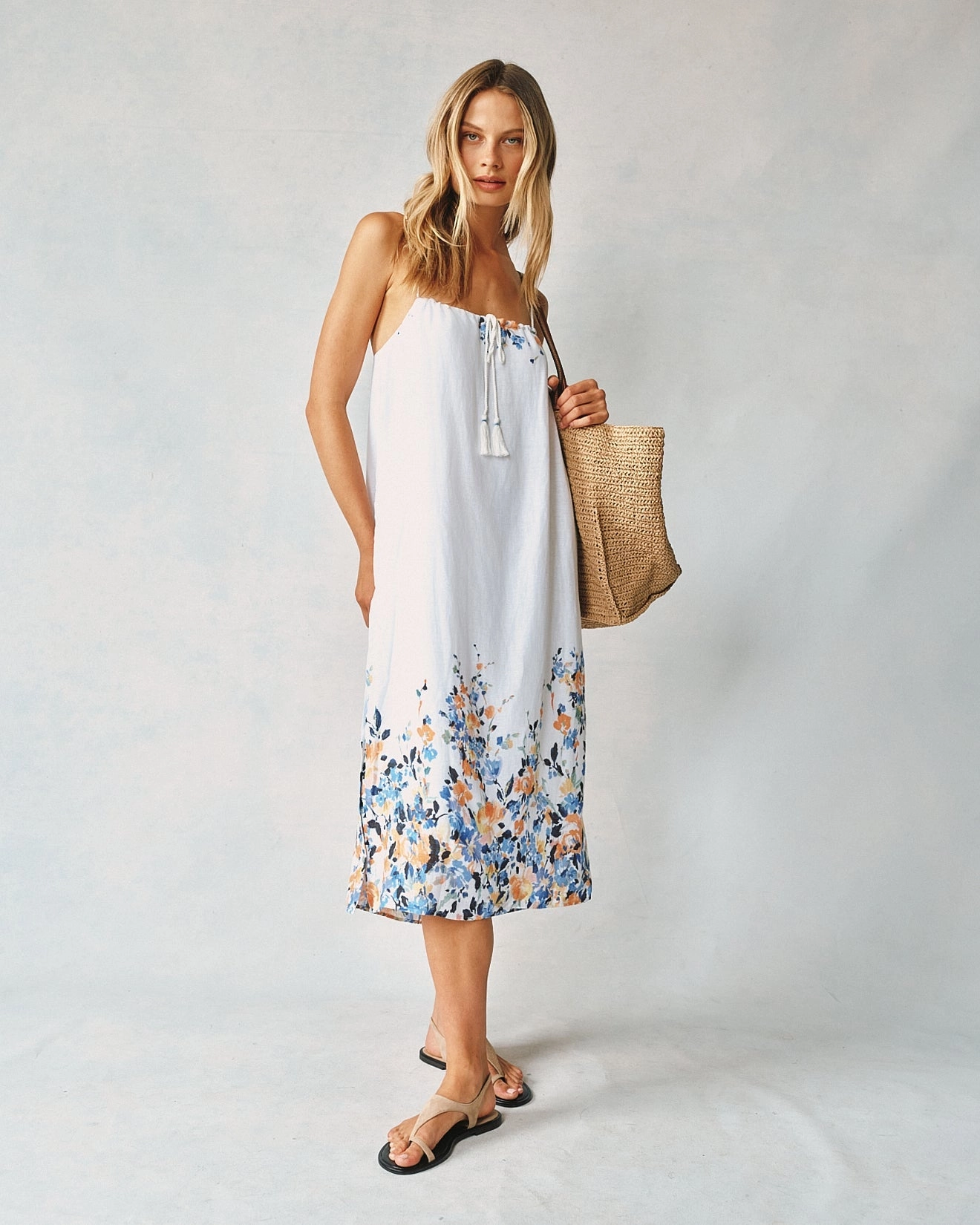 Flowy Cami Midi Dress - Floral Border Print