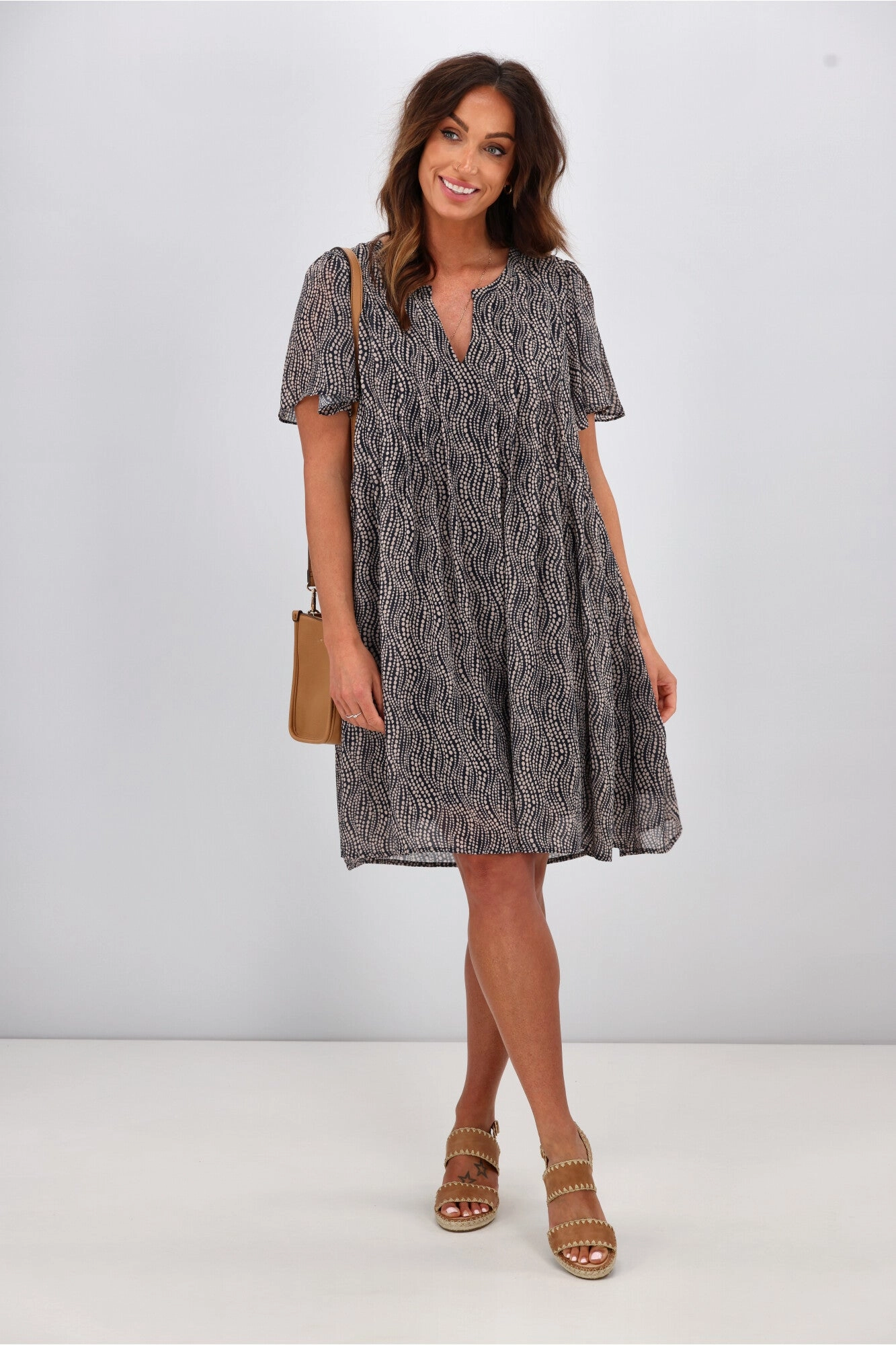 Gloss by Shine On Asya Pleat Front Dress Midnight Natural Spot Print