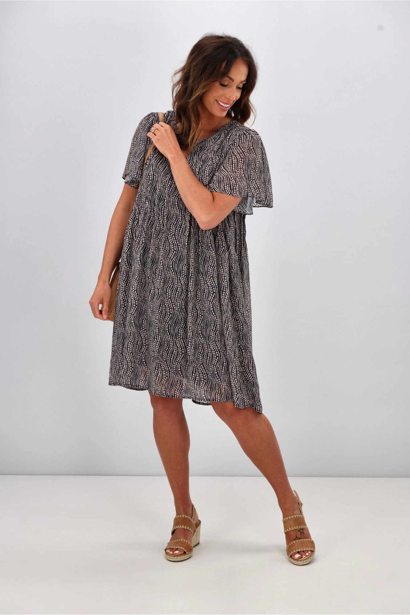 Gloss by Shine On Asya Pleat Front Dress Midnight Natural Spot Print