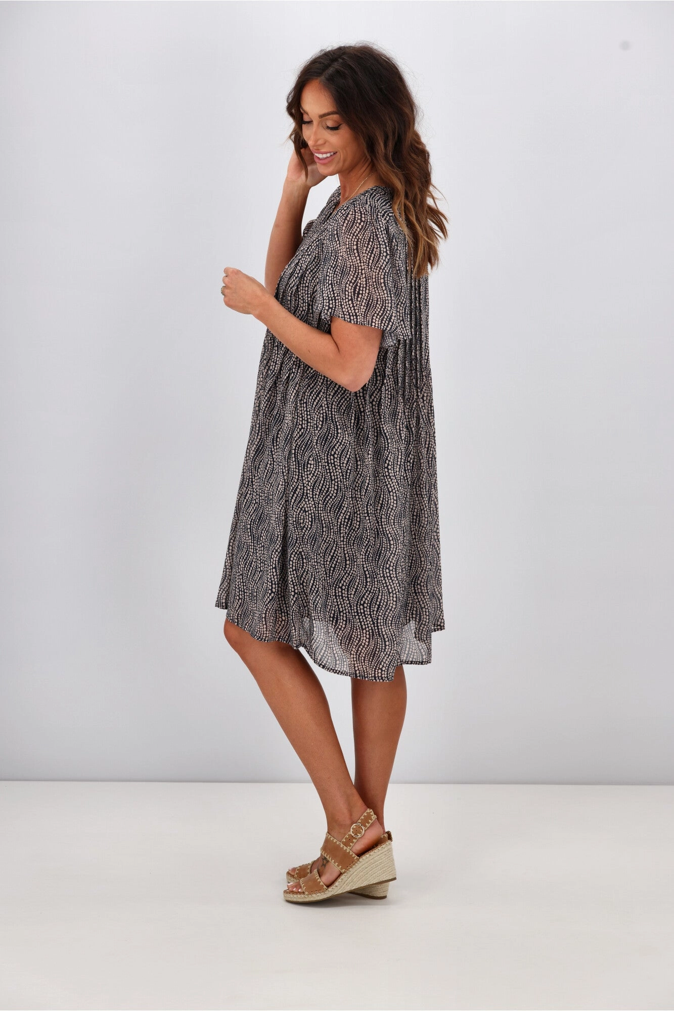 Gloss by Shine On Asya Pleat Front Dress Midnight Natural Spot Print
