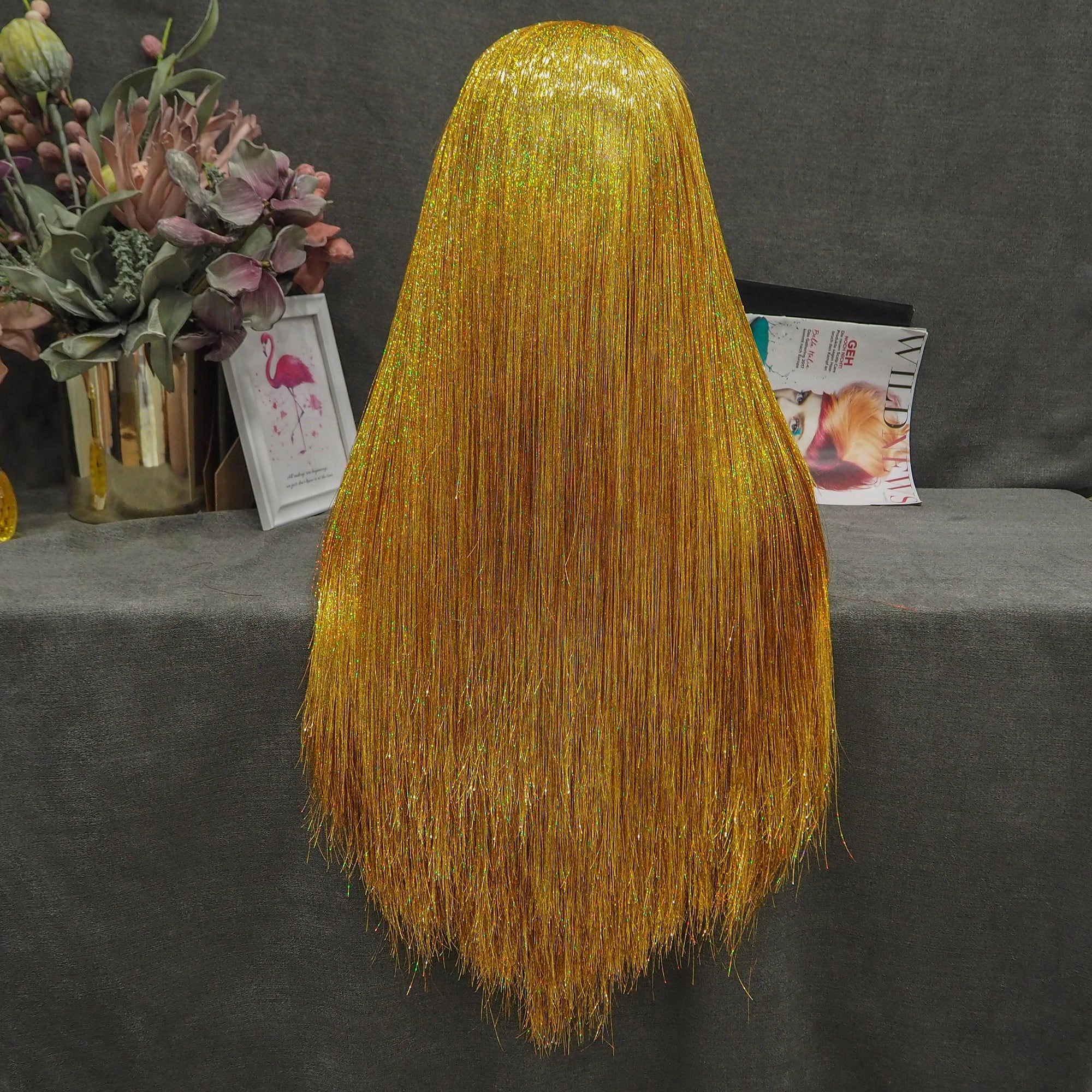 Golden - Blonde Full Tinsel Long Straight Gold Drag Wig