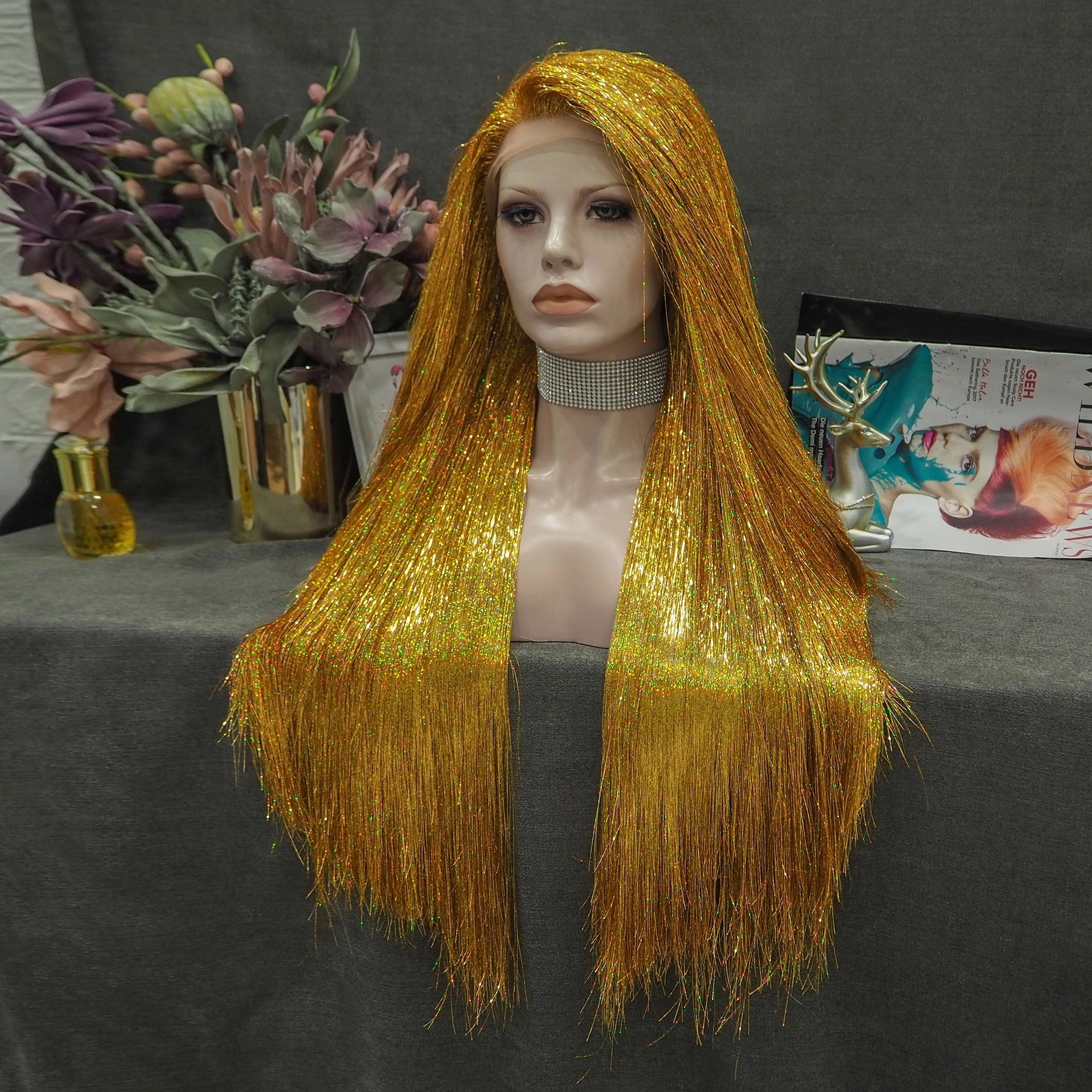 Golden - Blonde Full Tinsel Long Straight Gold Drag Wig