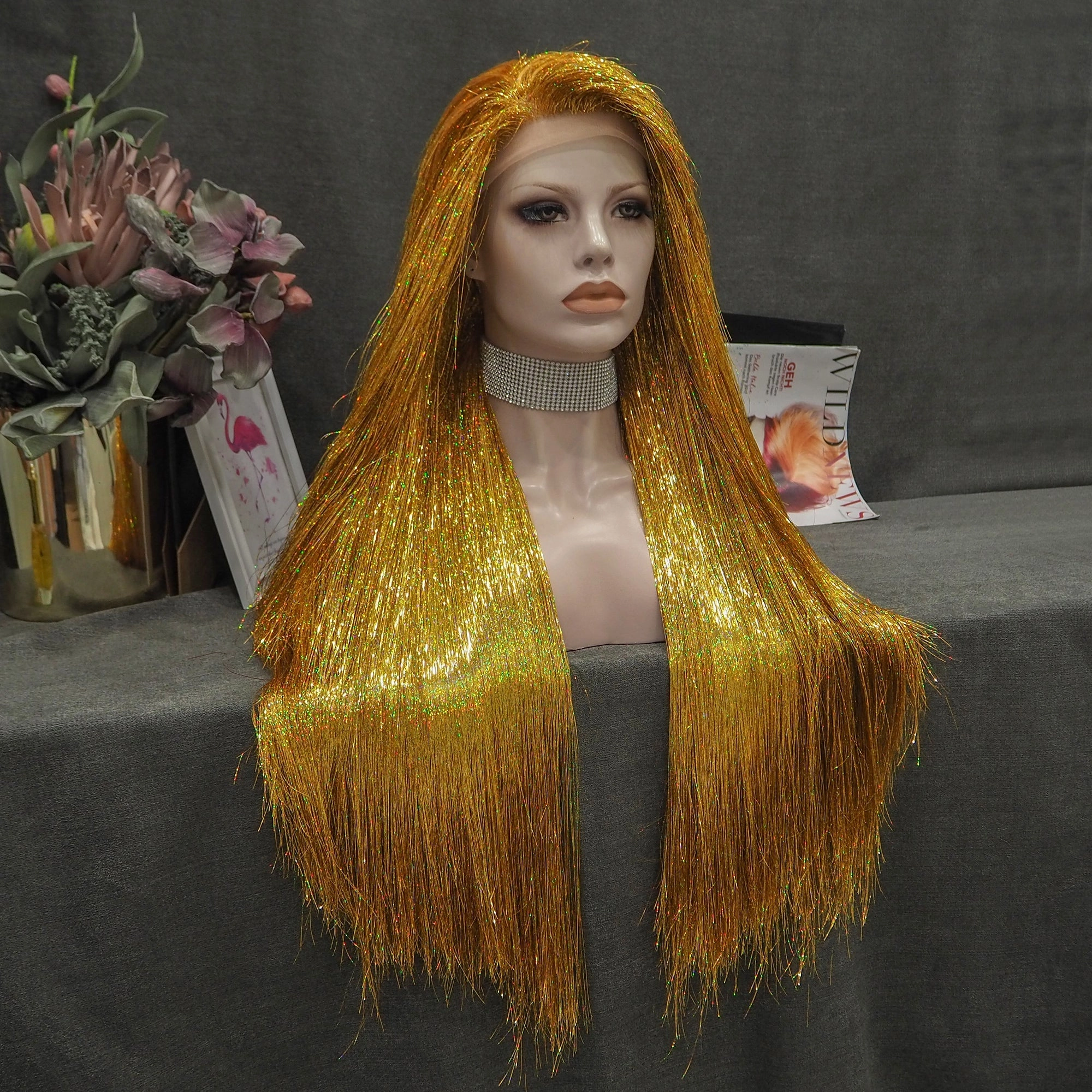 Golden - Blonde Full Tinsel Long Straight Gold Drag Wig