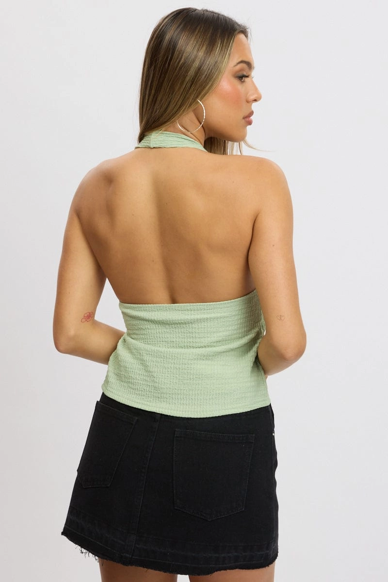 Green Textured Top Halter Neck Tie Up Front
