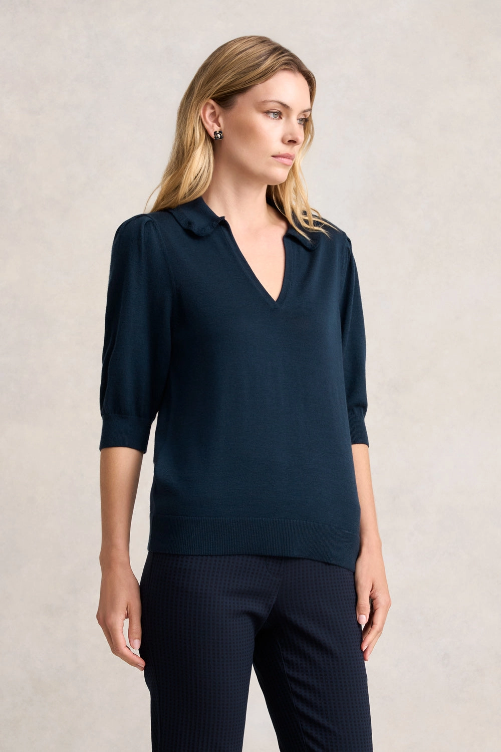 Half Sleeve Collared Wool Knit - Ink