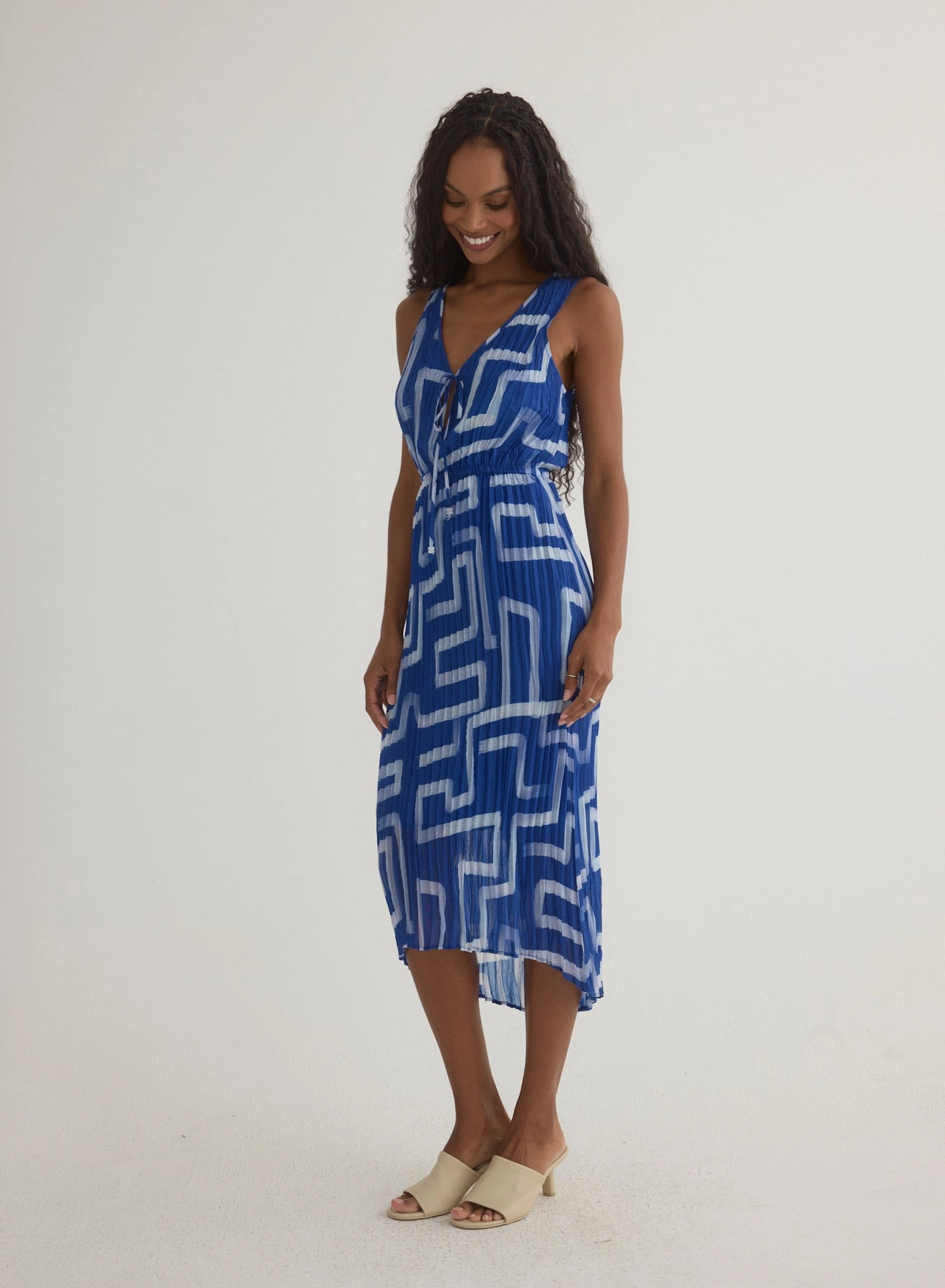 High Low Pleated Dress - Coastal Line Print