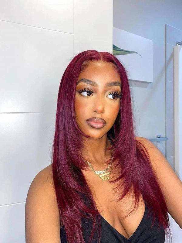 Laryer Straight 99j Color Human Hair Transparent Lace 13x4 Lace Front Wig NCF106
