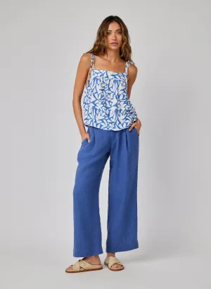 Linen Pleated Wide Leg Ankle Pant - Antique Indigo