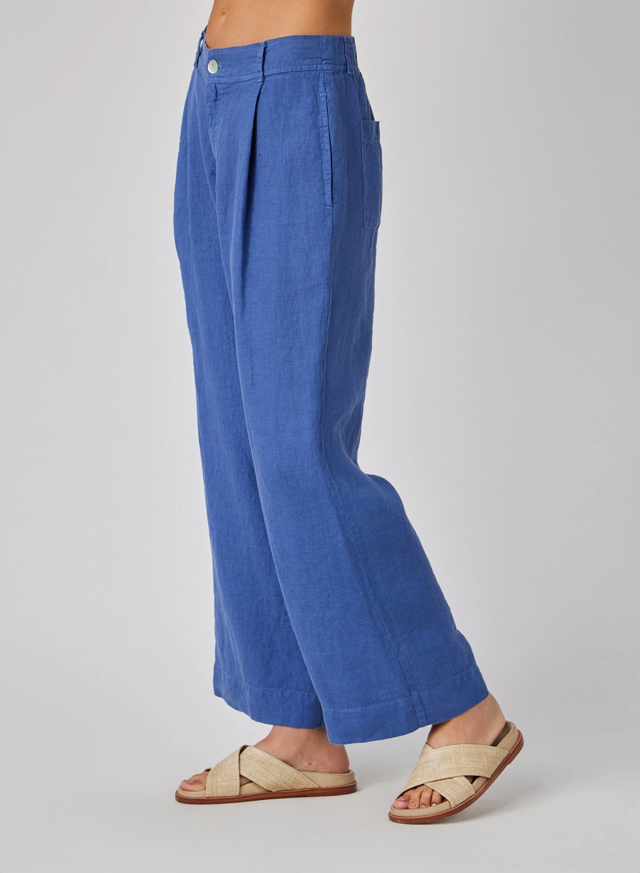 Linen Pleated Wide Leg Ankle Pant - Antique Indigo