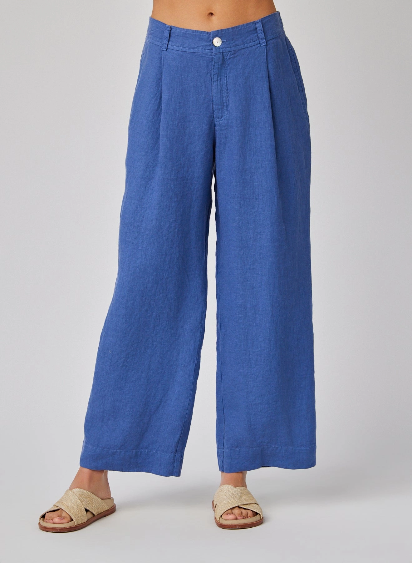 Linen Pleated Wide Leg Ankle Pant - Antique Indigo