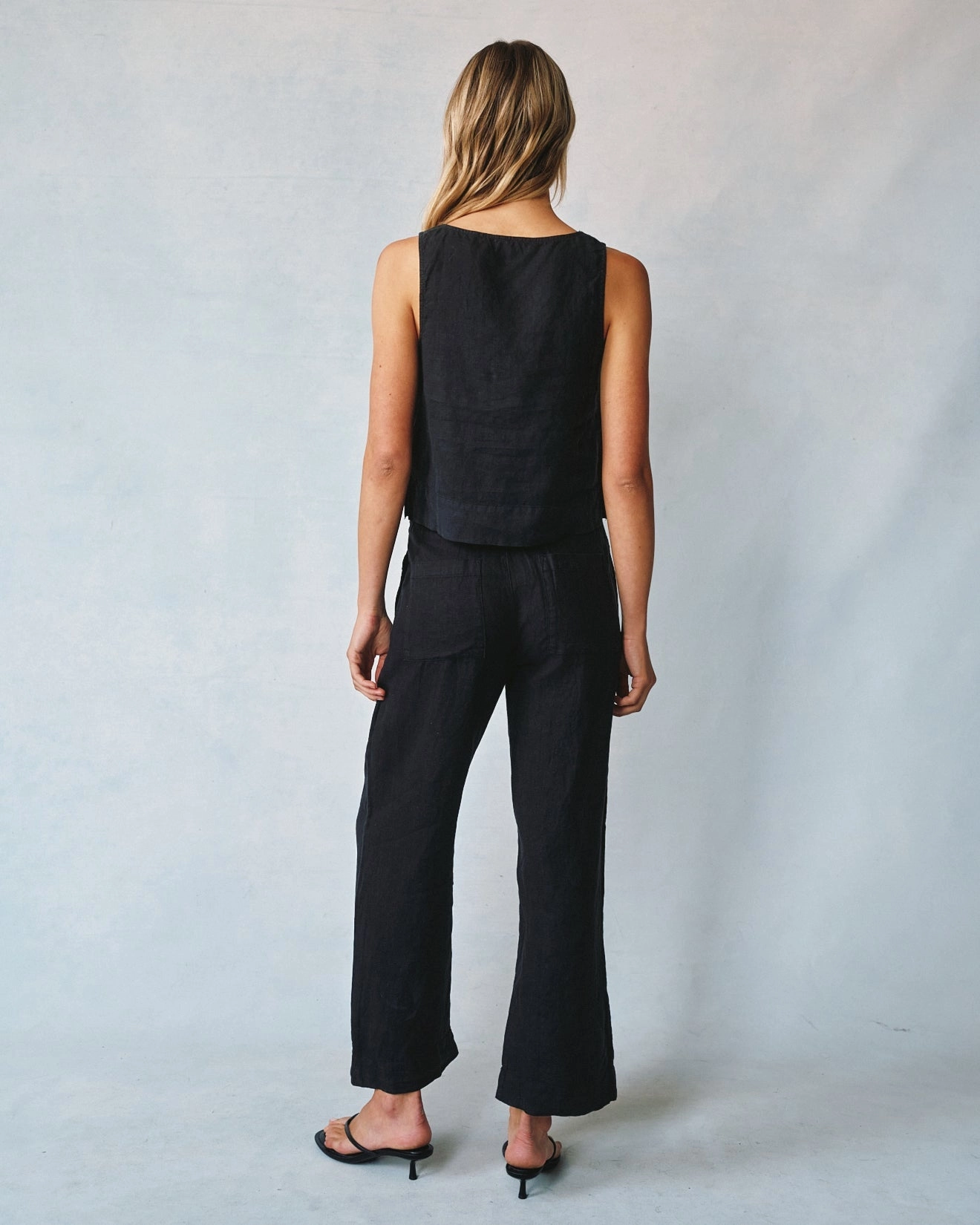 Linen Pleated Wide Leg Ankle Pant - Black