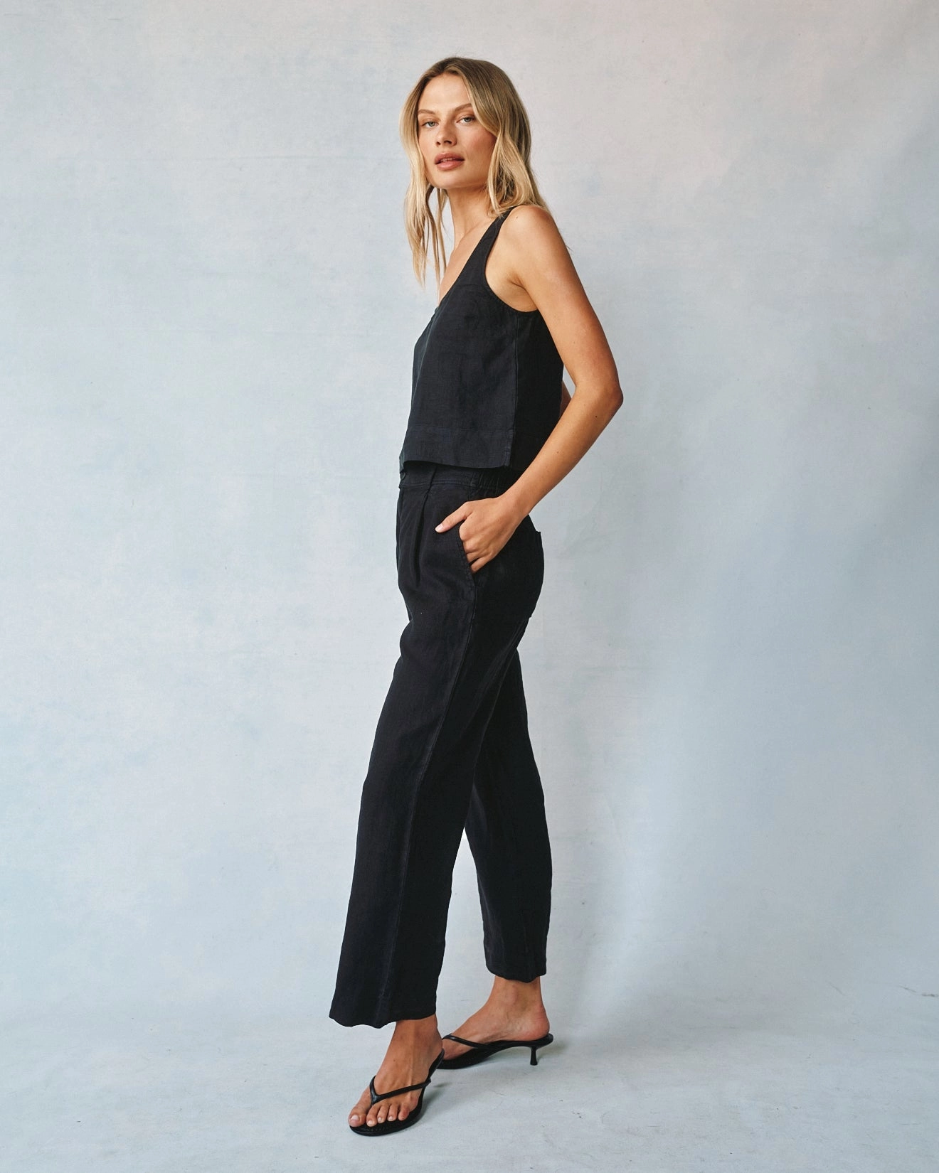 Linen Pleated Wide Leg Ankle Pant - Black