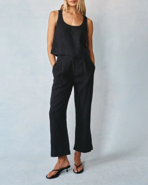 Linen Pleated Wide Leg Ankle Pant - Black