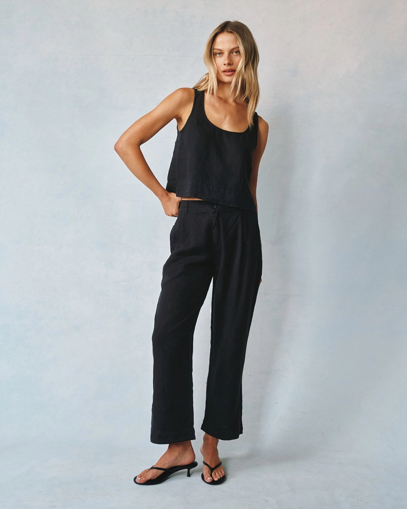 Linen Pleated Wide Leg Ankle Pant - Black