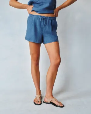 Linen Ruffle Waist Short - Antique Indigo