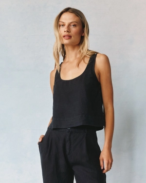 Linen Scoop Neck Tank - Black