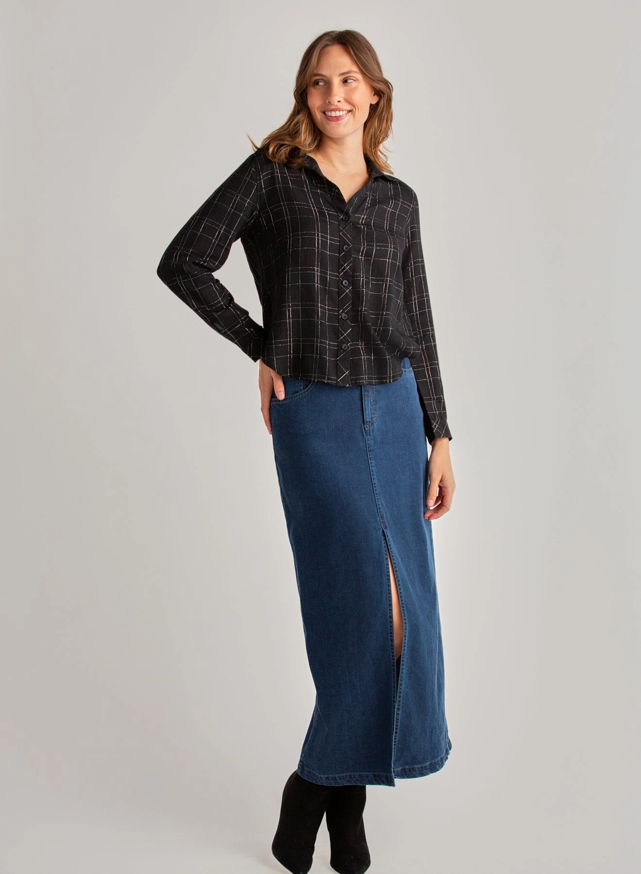 Long Sleeve Button Down - Black Lurex