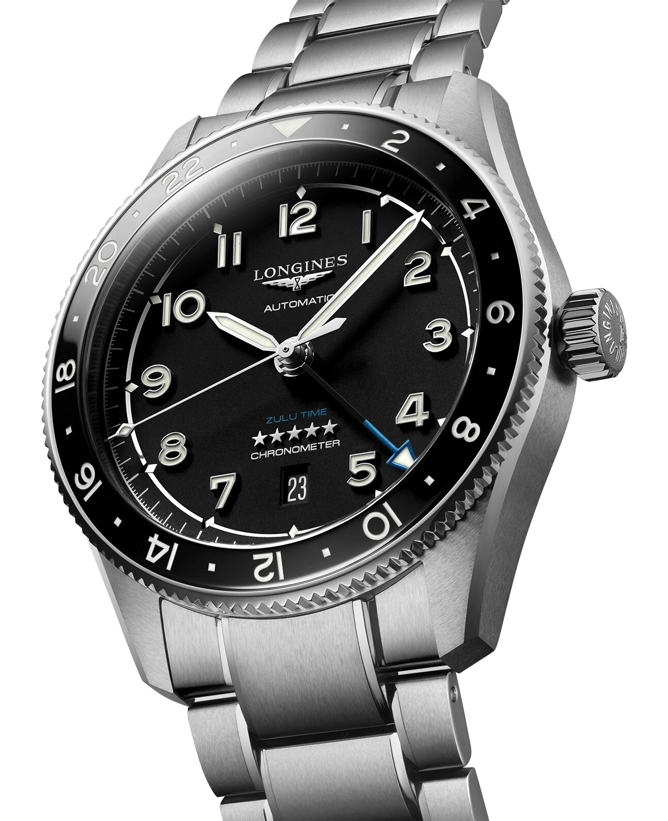 Longines Spirit Zulu Time Automatic GMT Chronometer Stainless Steel Black Dial Date Mens Watch L3.812.4.53.6