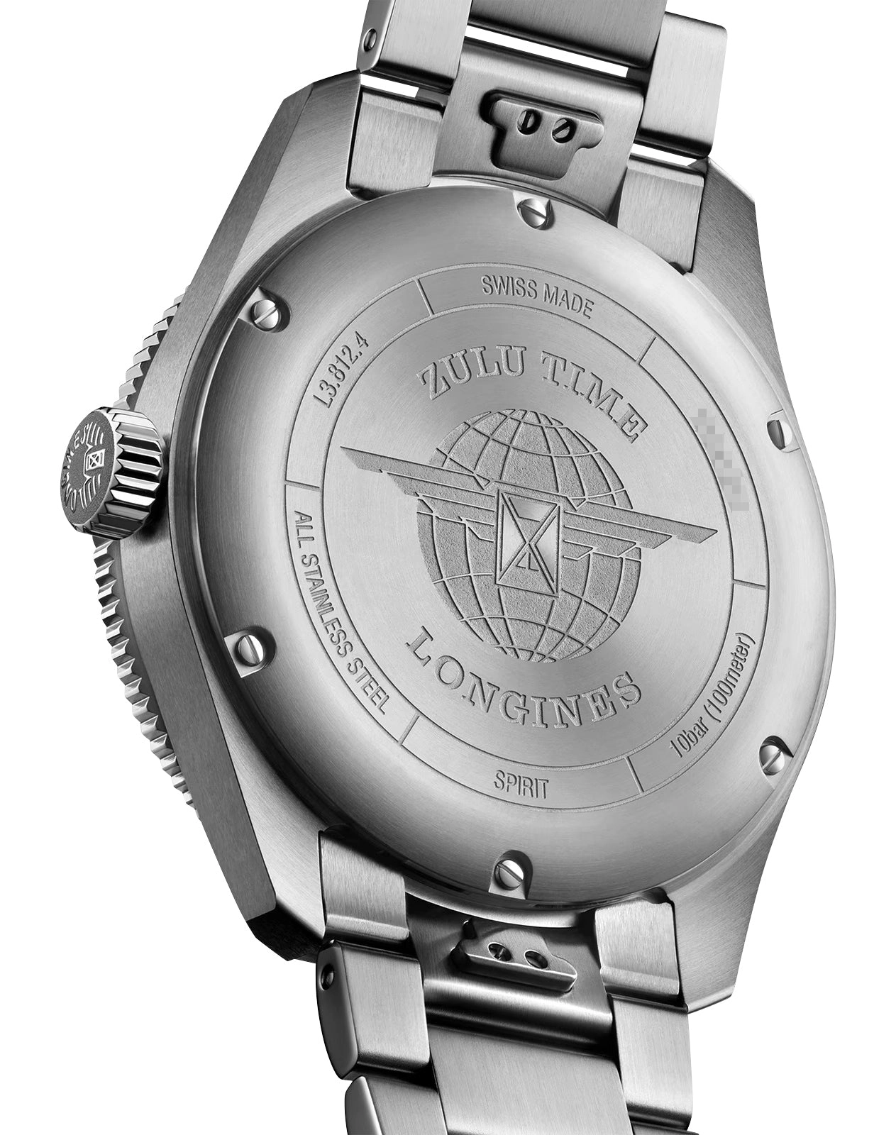 Longines Spirit Zulu Time Automatic GMT Chronometer Stainless Steel Black Dial Date Mens Watch L3.812.4.53.6