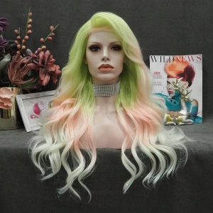 Macarons - Green to Light Pink Blue Ombre Tinsel  Long Wavy Synthetic Lace Front Wig