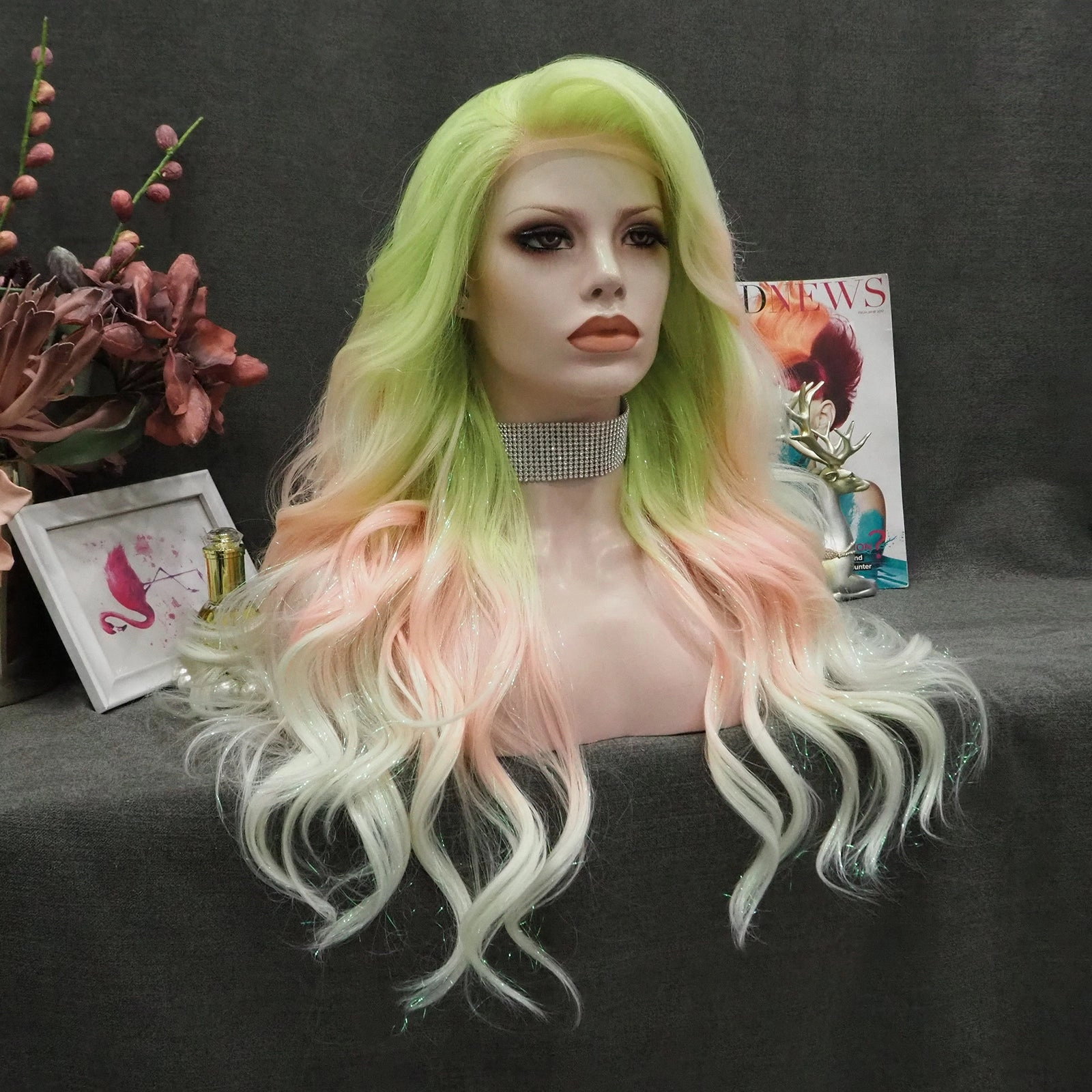 Macarons - Green to Light Pink Blue Ombre Tinsel  Long Wavy Synthetic Lace Front Wig