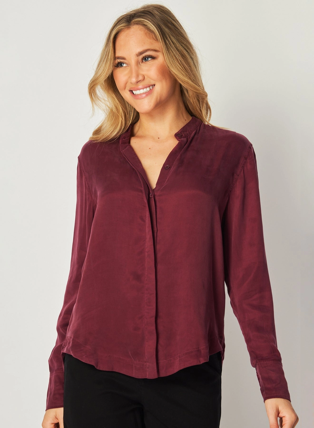 Mandarin Collar Button Down - Deep Plum