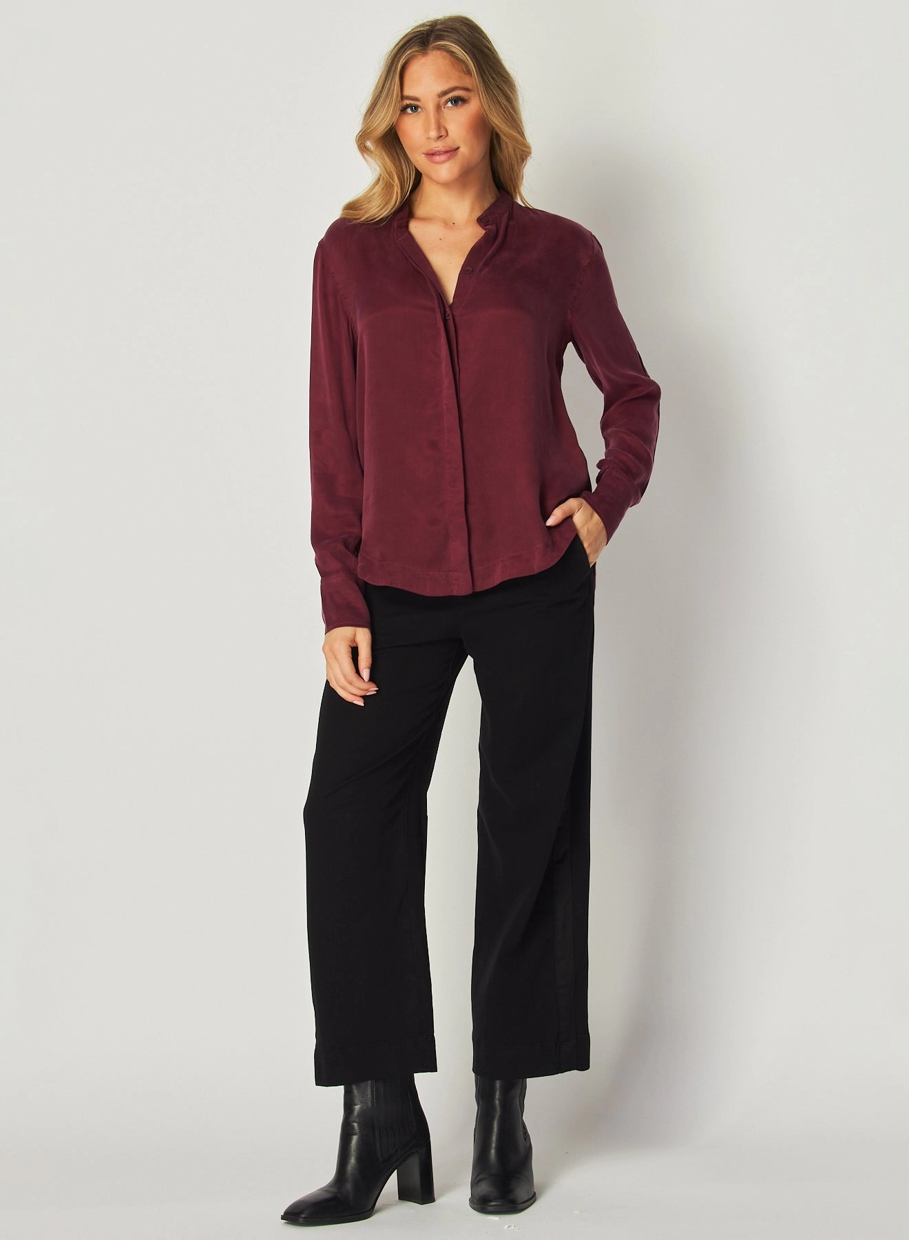 Mandarin Collar Button Down - Deep Plum
