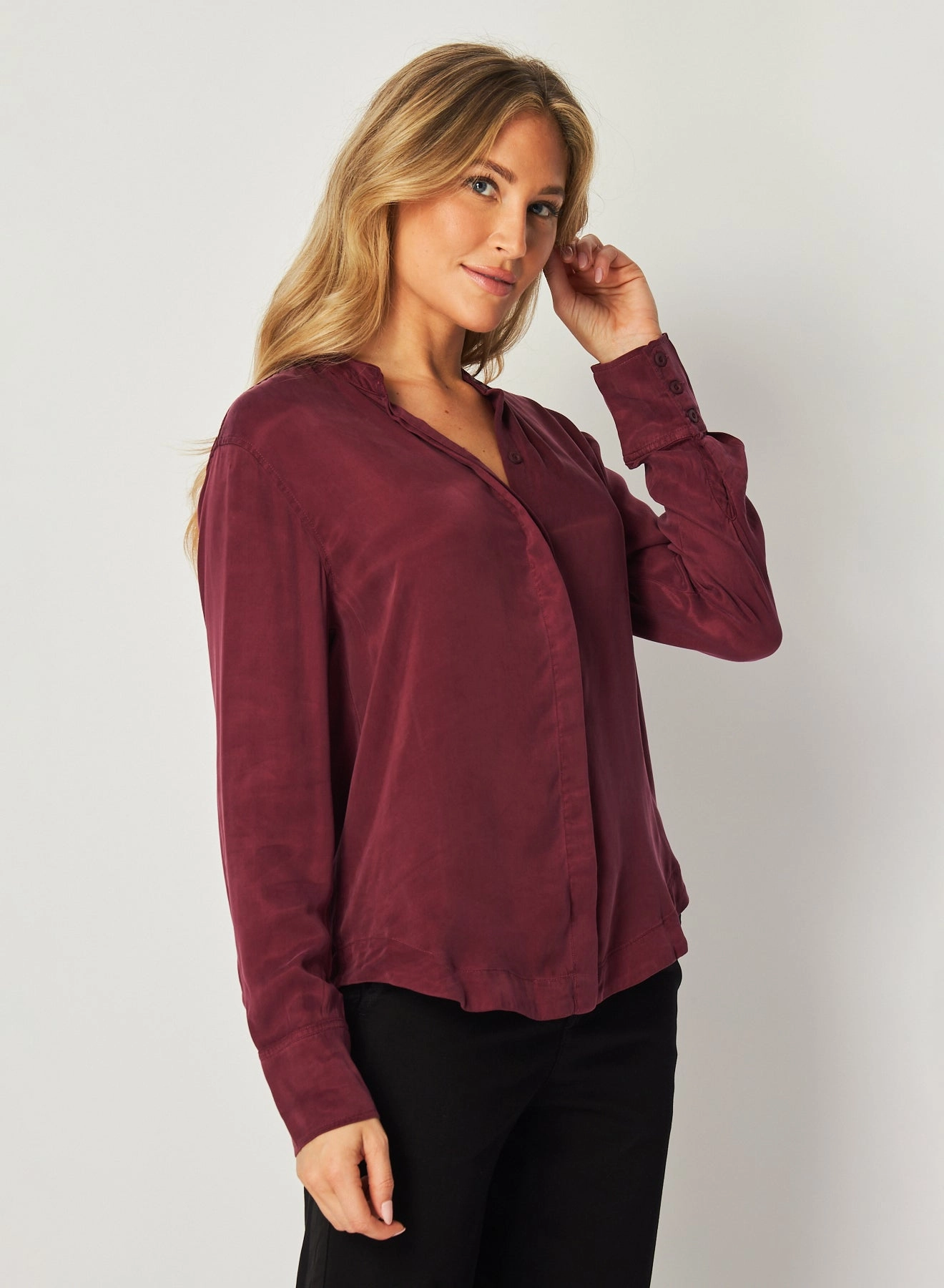 Mandarin Collar Button Down - Deep Plum