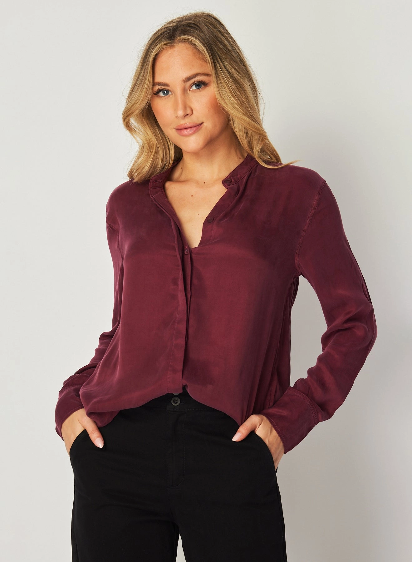 Mandarin Collar Button Down - Deep Plum