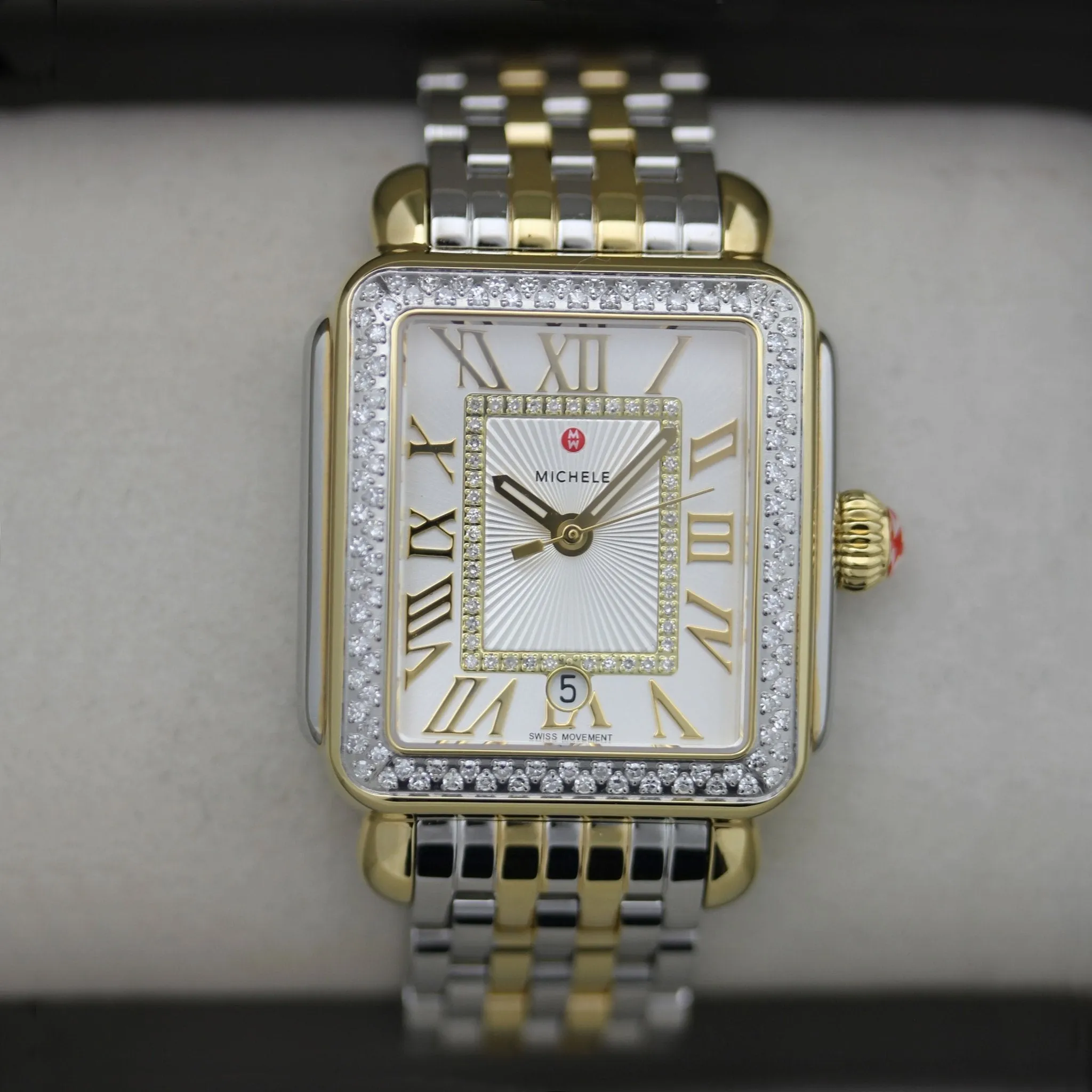 Michele Deco Madison Two-Tone Steel Diamonds Silver Dial Date Rectangle Womens Watch MWW06T000144