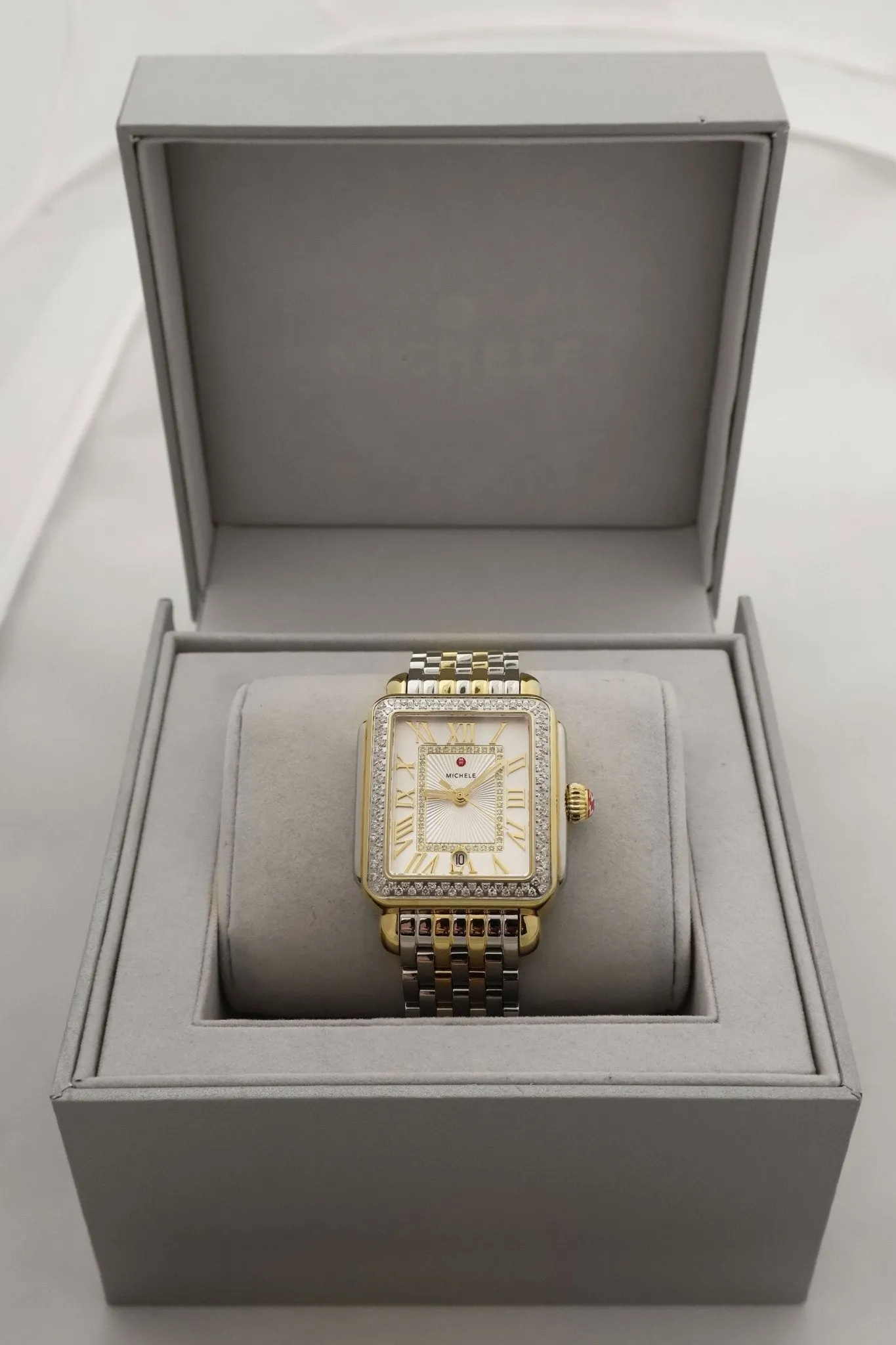 Michele Deco Madison Two-Tone Steel Diamonds Silver Dial Date Rectangle Womens Watch MWW06T000144