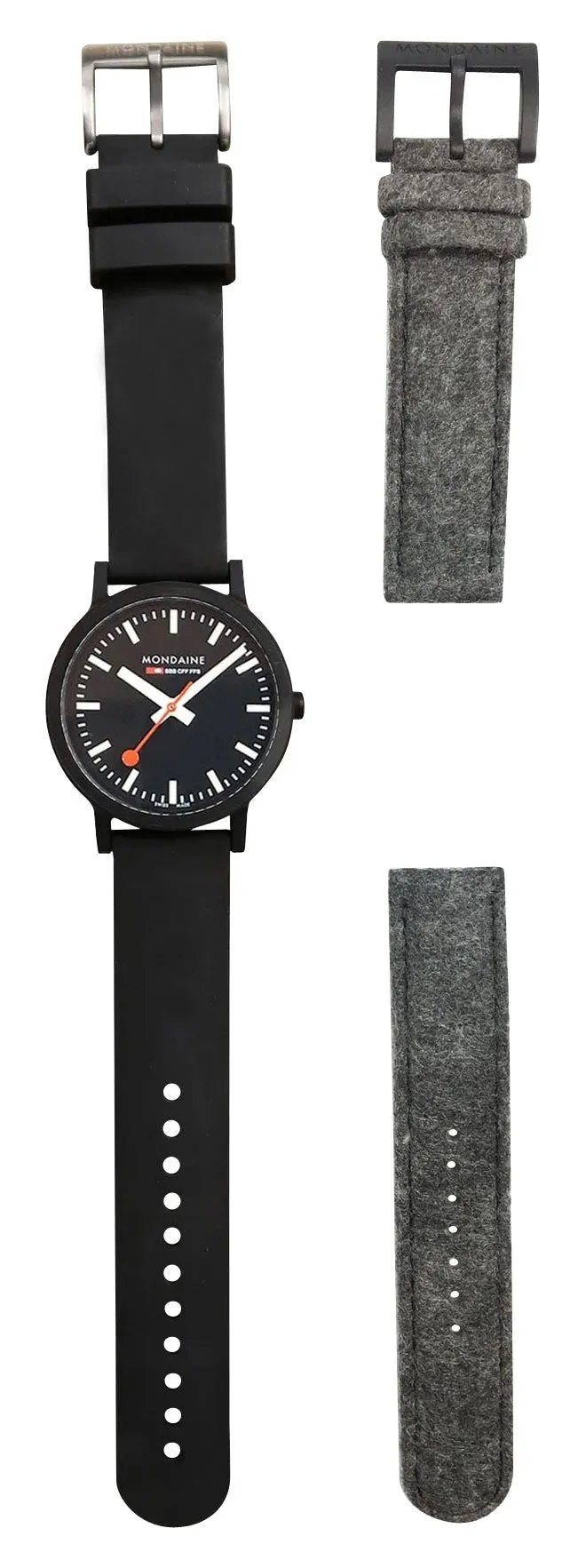 Mondaine Essence Renewable Material Black Dial Black Rubber Strap Interchangeable Gray Textile Strap Quartz Mens Watch MS1.41120.RB.SET