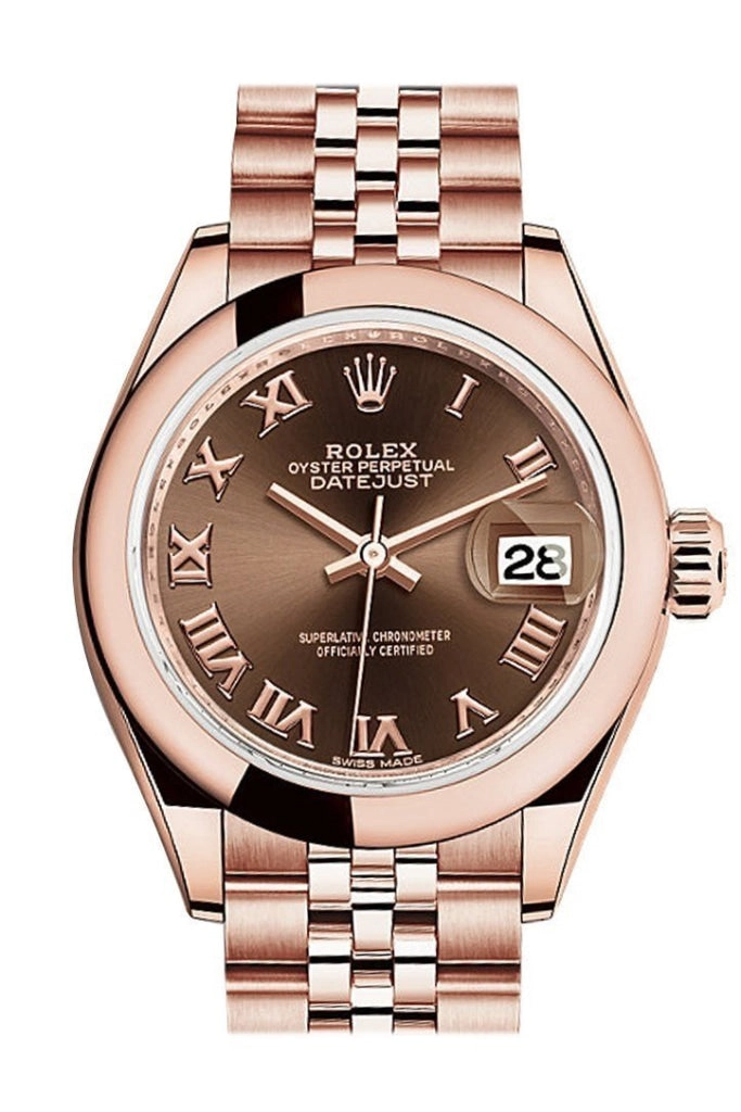 Rolex Datejust 28 Chocolate Roman Dial Rose Gold Jubilee Ladies Watch 279165 NP