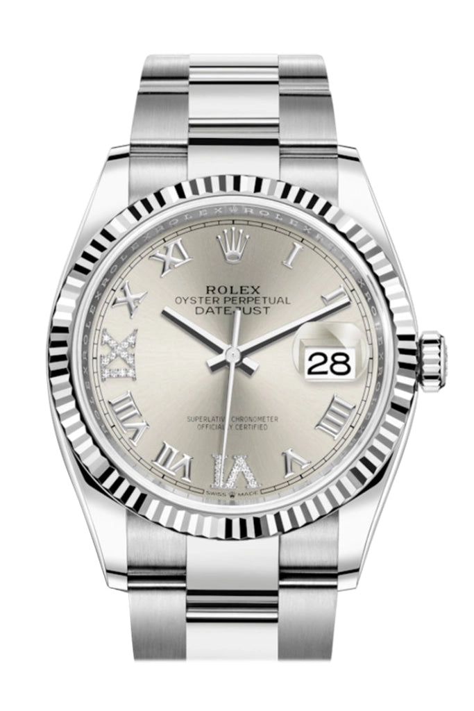 Rolex Datejust 36 Silver Roman VI and IX 24 Diamonds Dial Automatic Watch 126234