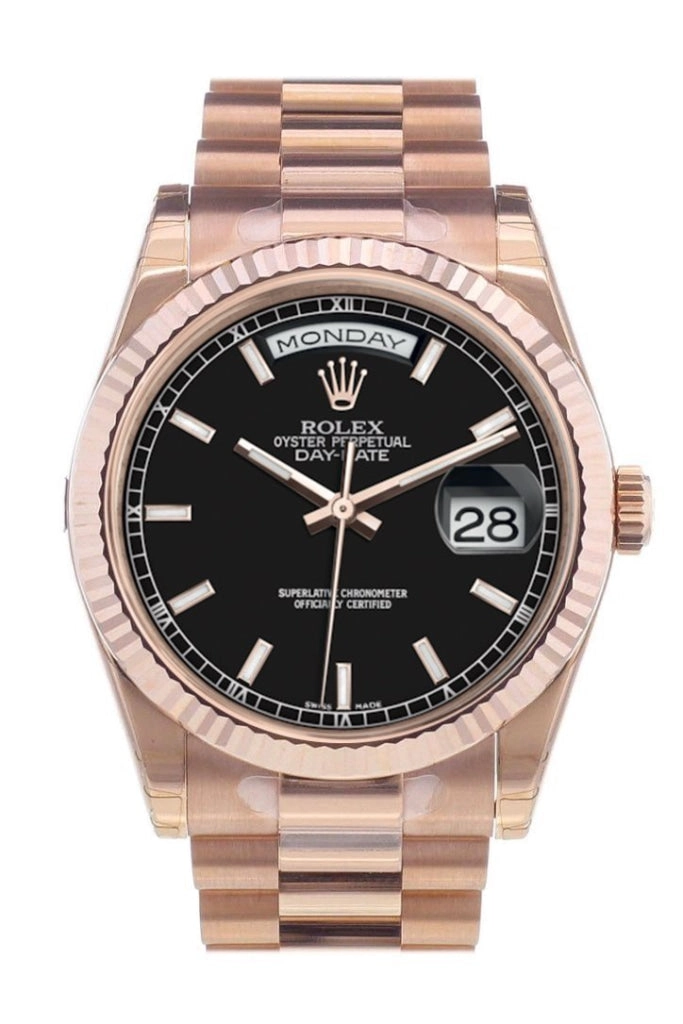 Rolex Day-Date 36 Black Dial Fluted Bezel President Everose Gold Watch 118235