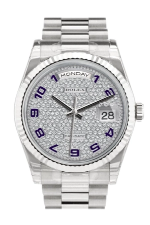 Rolex Day-Date 36 Diamond-paved Dial Fluted Bezel President White Gold Watch 118239